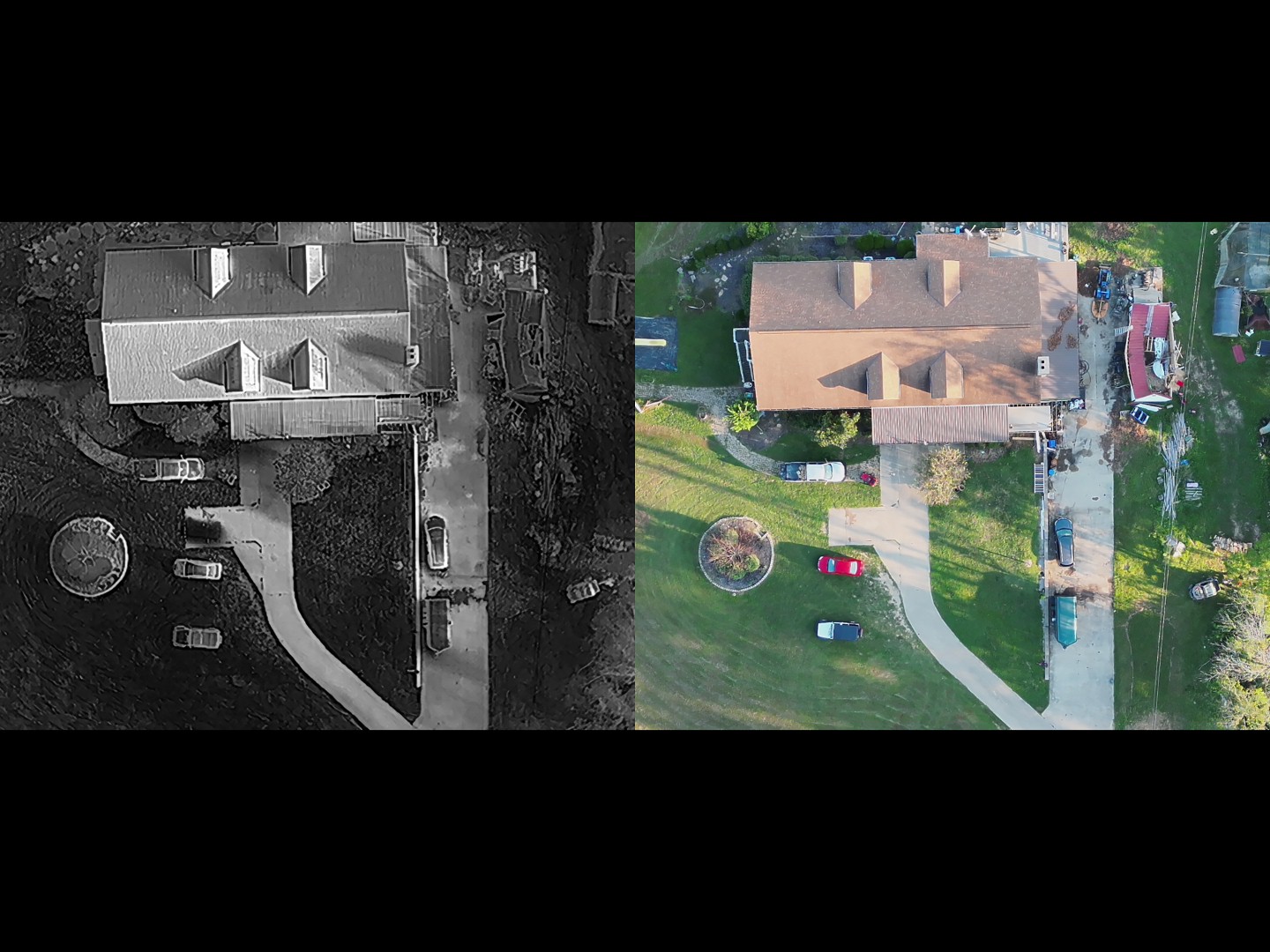Side-by-side thermal and visual of house